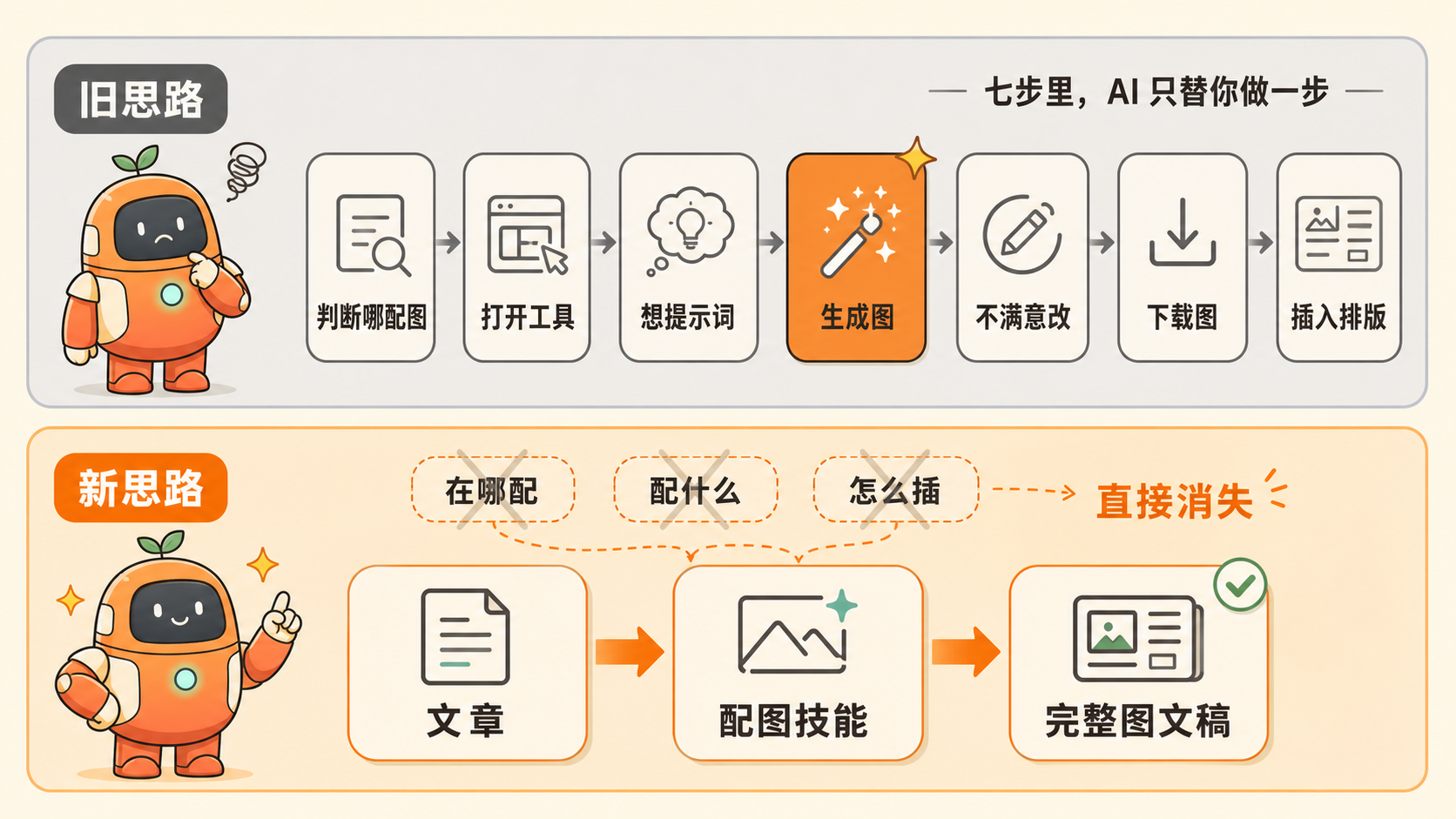 文章配图——旧思路：七步里 AI 只替你做一步（判断哪配图/打开工具/想提示词/生成图/不满意改/下载图/插入排版）；新思路：文章 → 配图技能 → 完整图文稿，「在哪配 / 配什么 / 怎么插」三个判断环节直接消失