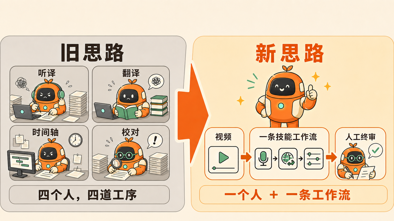 字幕翻译——旧思路：四个人四道工序（听译 / 翻译 / 时间轴 / 校对）；新思路：一个人 ＋ 一条技能工作流（视频 → 转录·翻译·对齐 → 人工终审）