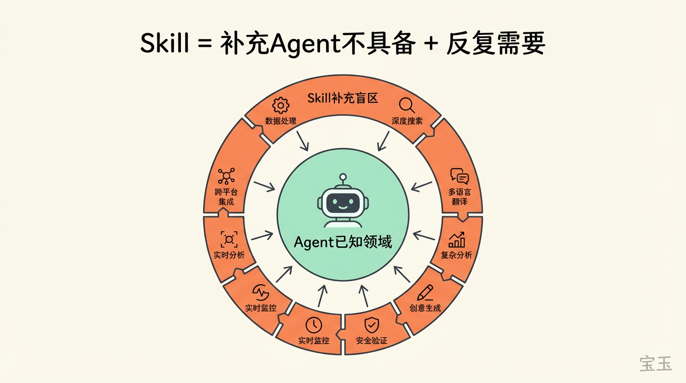 Skill 定义：补充 Agent 不具备且反复需要的信息
