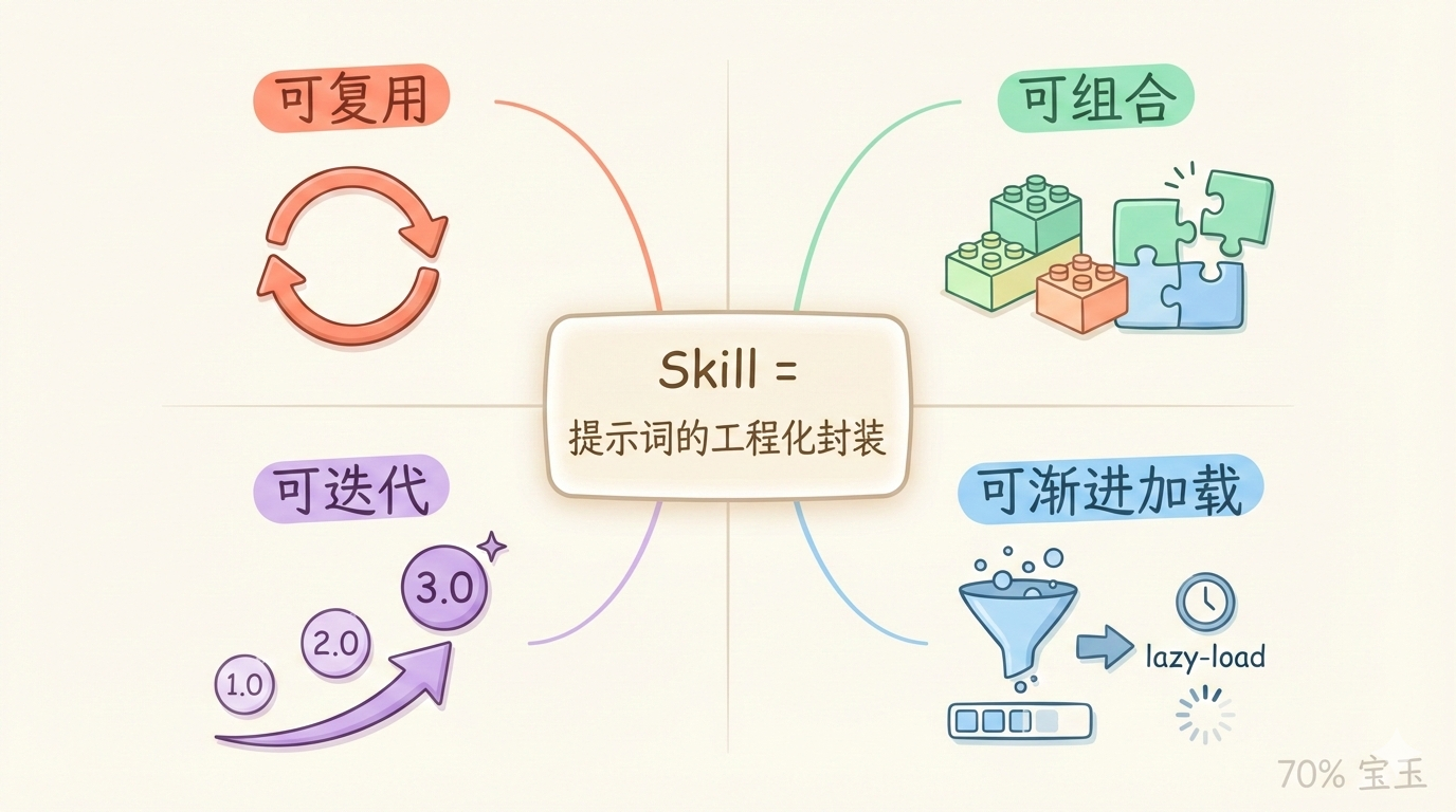 Skill 的四大价值：可复用、可组合、可迭代、可渐进加载