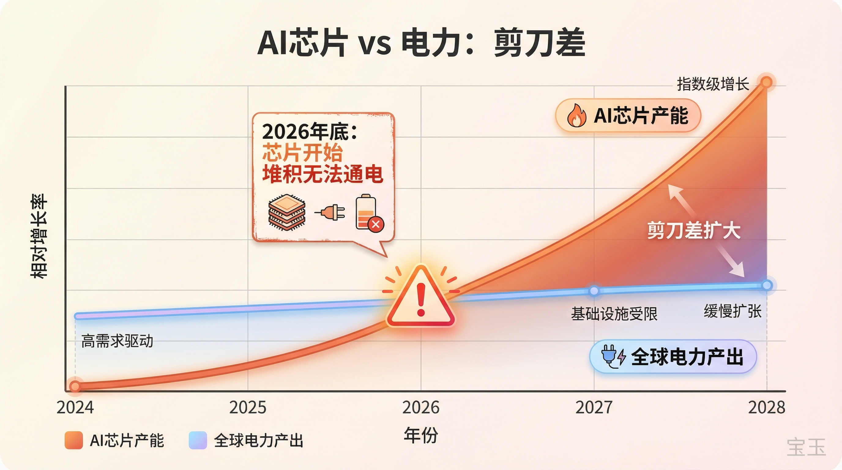 AI 芯片产能 vs 电力产出的剪刀差