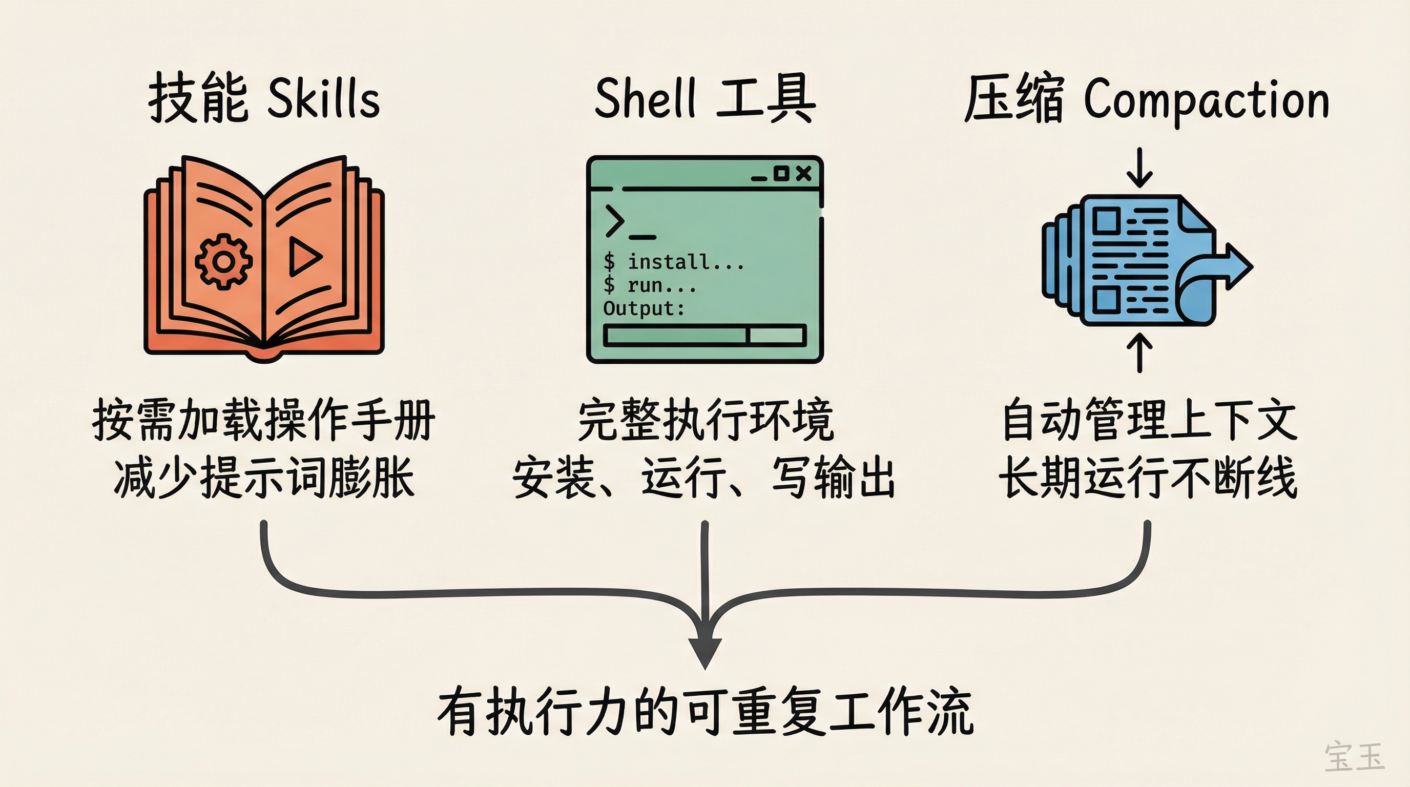 智能体三大核心能力：技能、Shell、压缩的协作关系