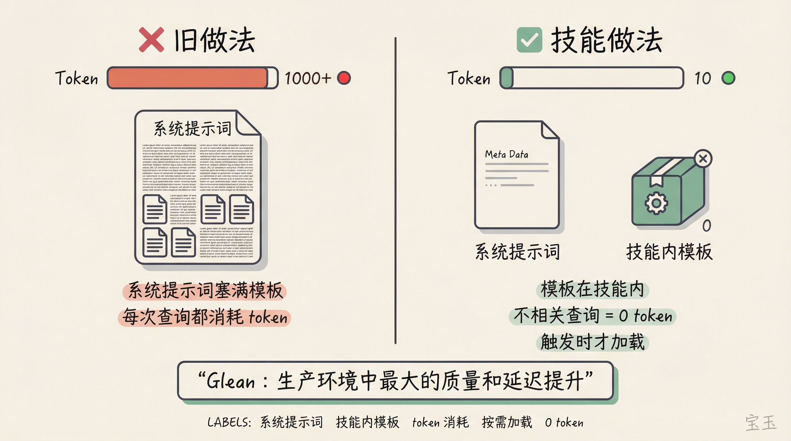 系统提示词塞模板 vs 技能内模板的 token 消耗对比