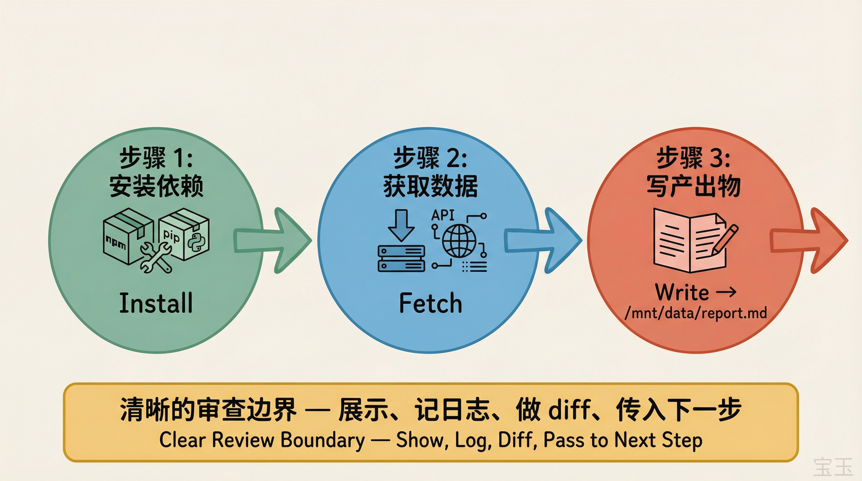 模式 A：安装→获取→写产出物的三步工作流