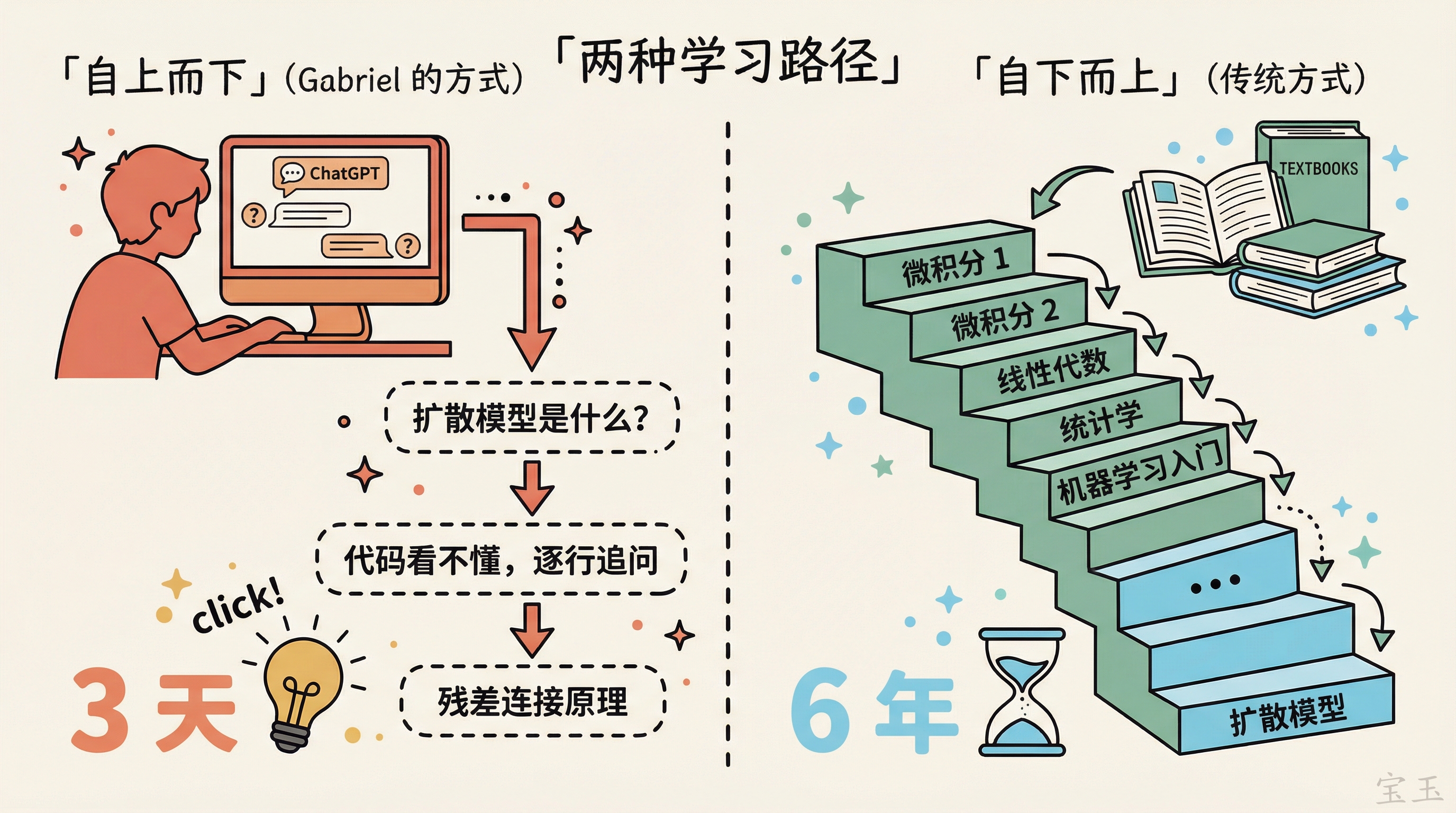 自上而下 vs 自下而上:两种学习路径对比,3 天 vs 6 年