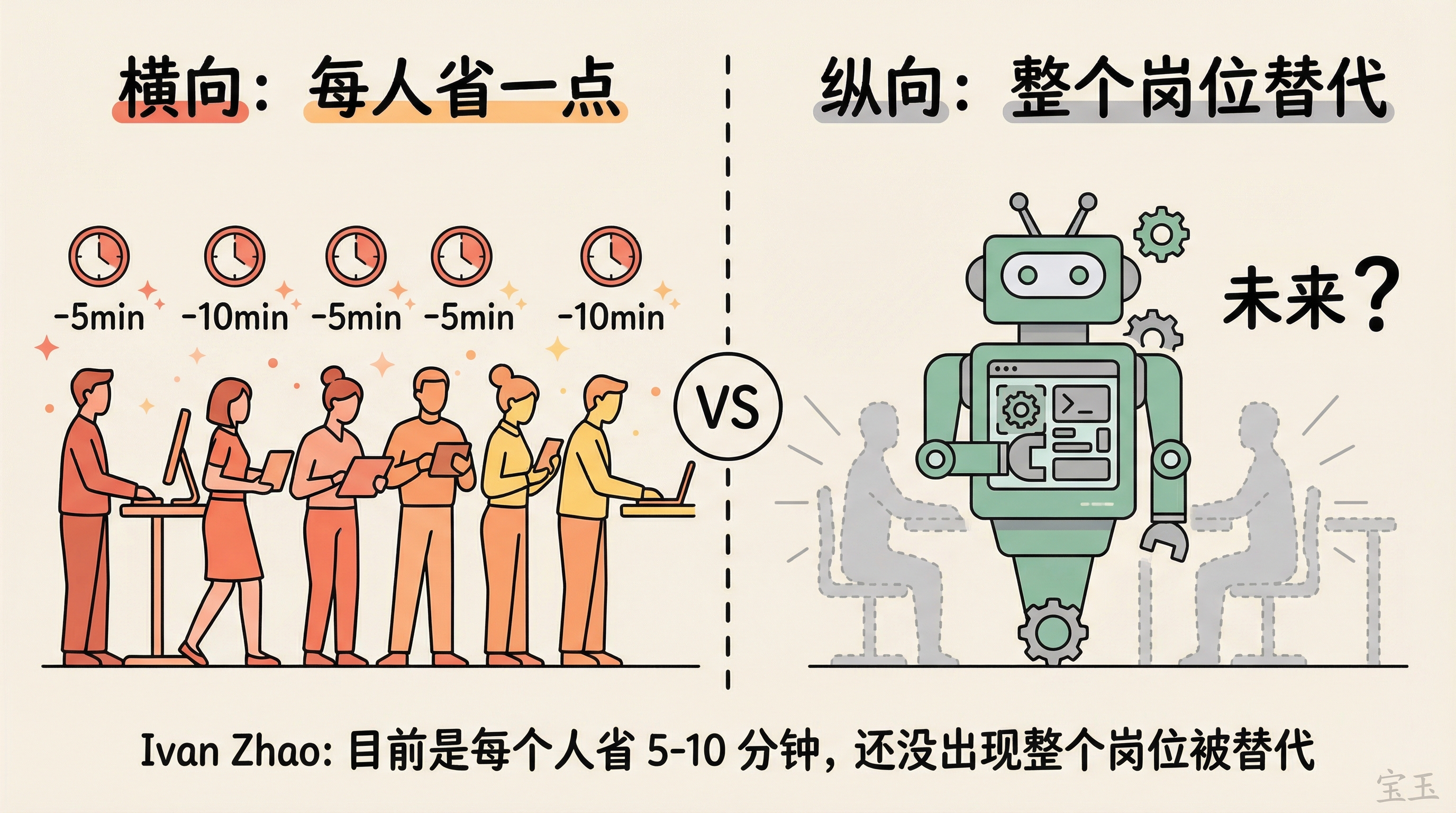 AI 省时间的两种形态:横向每人省一点 vs 纵向整个岗位替代