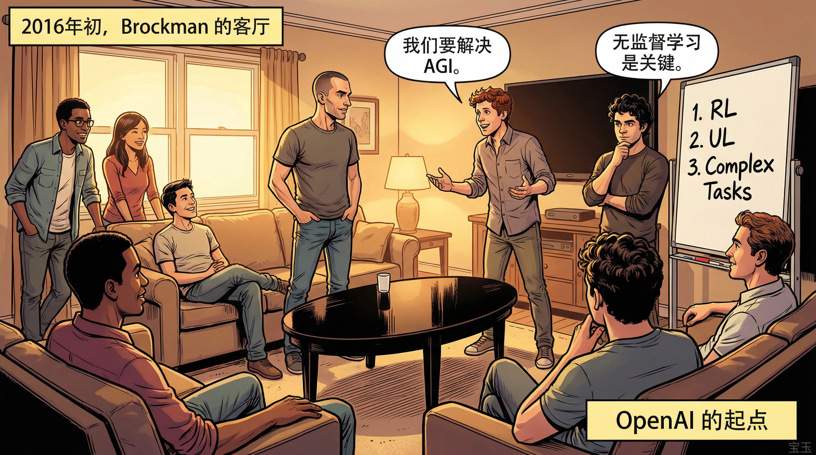 2016 年初，OpenAI 创始团队在 Brockman 客厅的起点