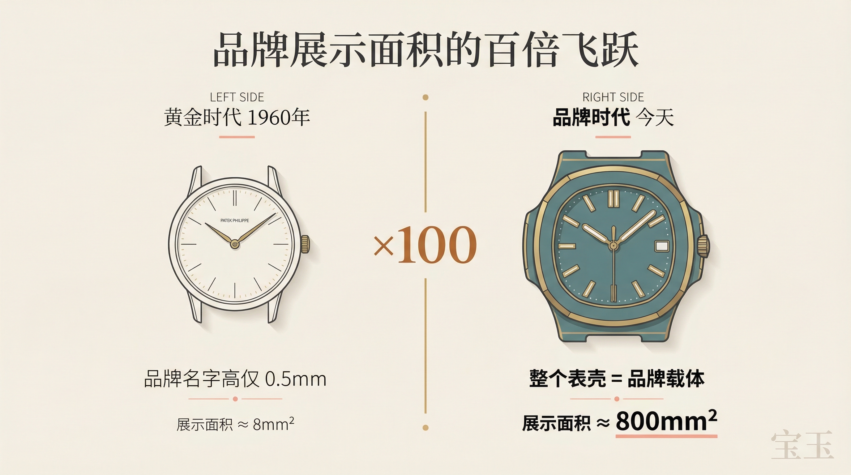 品牌展示面积的百倍飞跃:黄金时代表盘上 0.5mm 高的品牌名(8mm²)vs 品牌时代整个表壳成为品牌载体(800mm²)