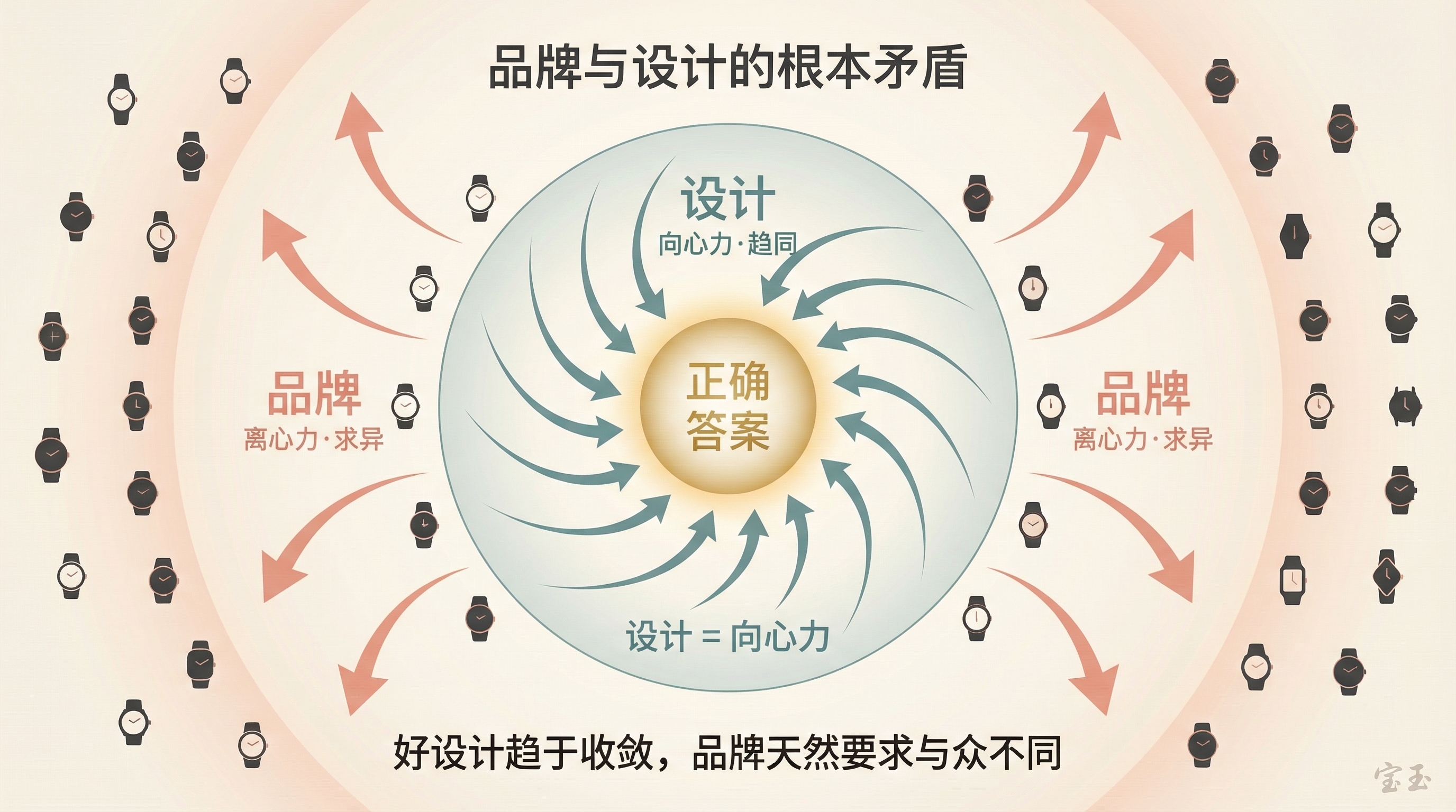 品牌与设计的根本矛盾:设计作为向心力将方案拉向"正确答案"趋同,品牌作为离心力将方案推向外围求异