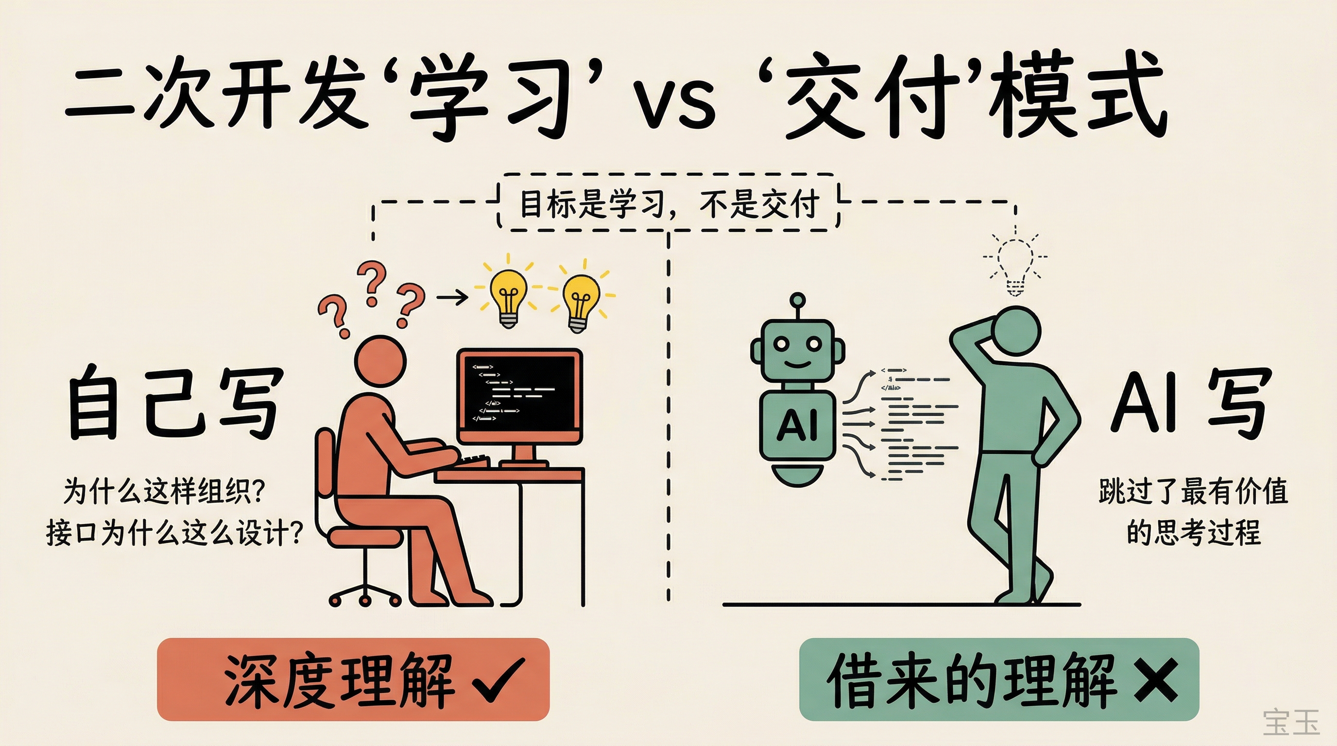 学习 vs 交付：自己写获得深度理解，AI 写跳过思考过程