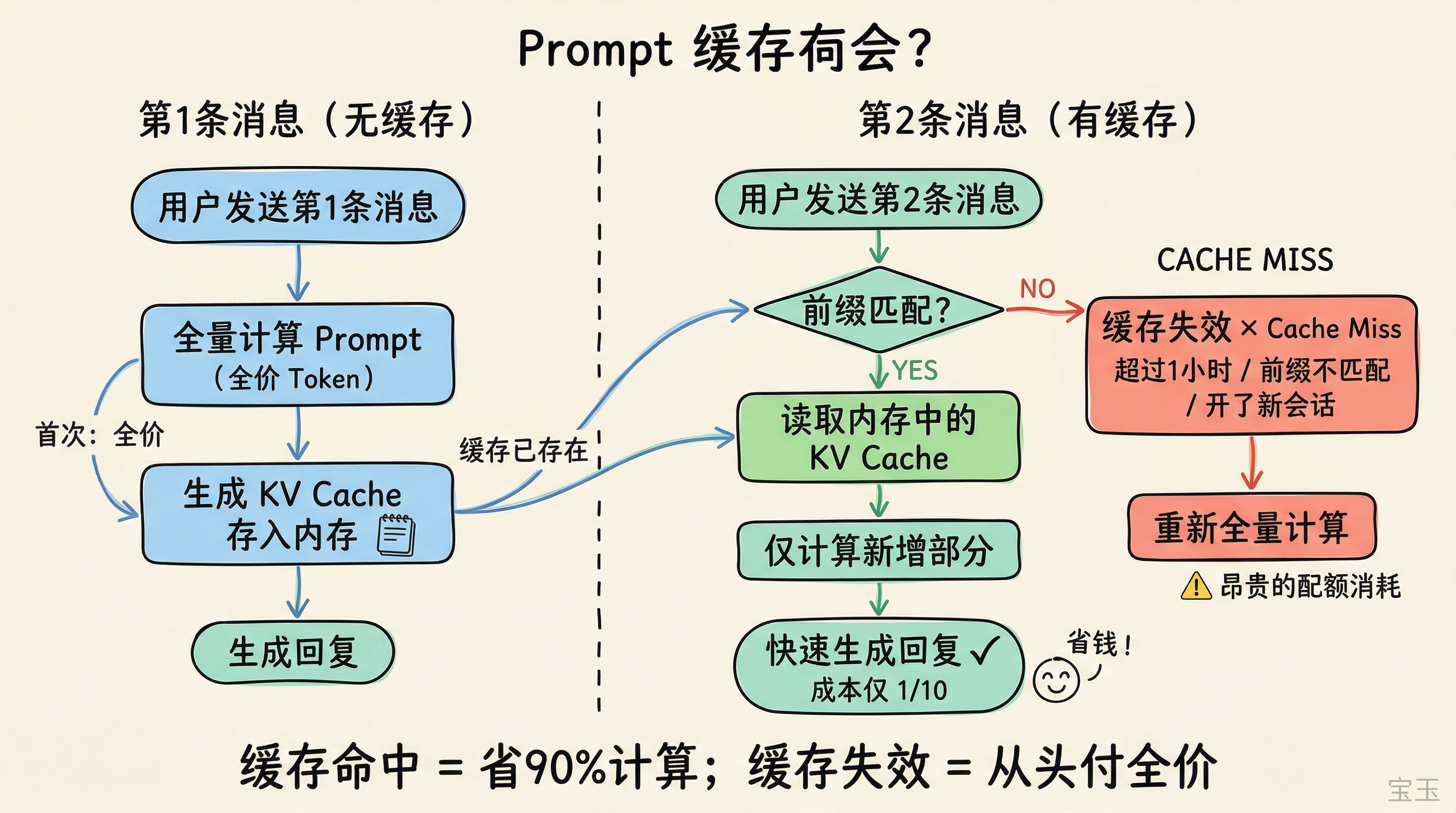 提示缓存工作原理：首次全量计算，后续命中缓存