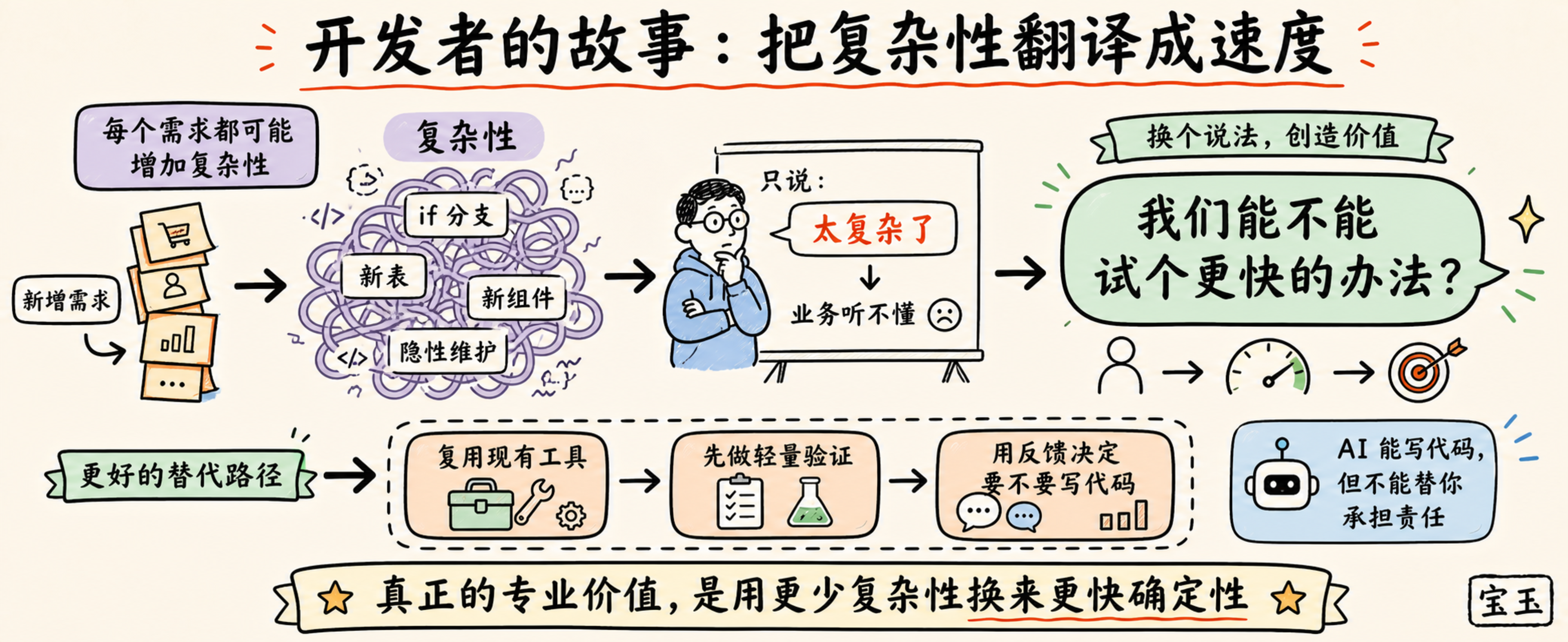中文手写信息图:开发者的故事是每个新增需求都可能增加复杂性,资深开发者需要把复杂性翻译成更快的验证方案。