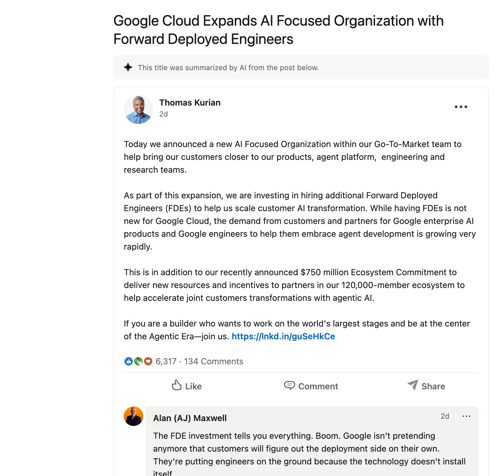 Thomas Kurian 关于 Google Cloud 扩招 FDE 的 LinkedIn 动态截图