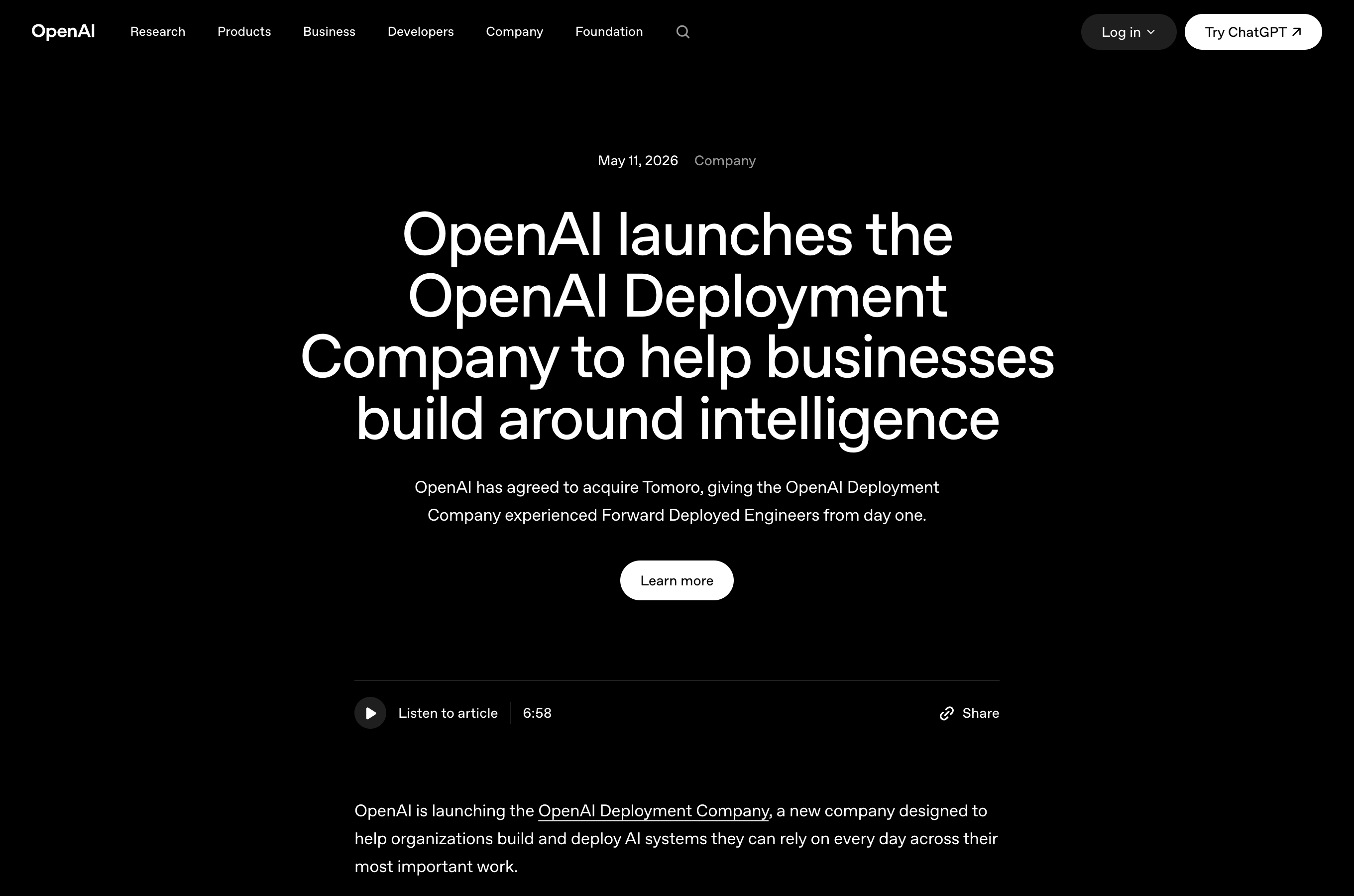 OpenAI 部署公司官方公告截图
