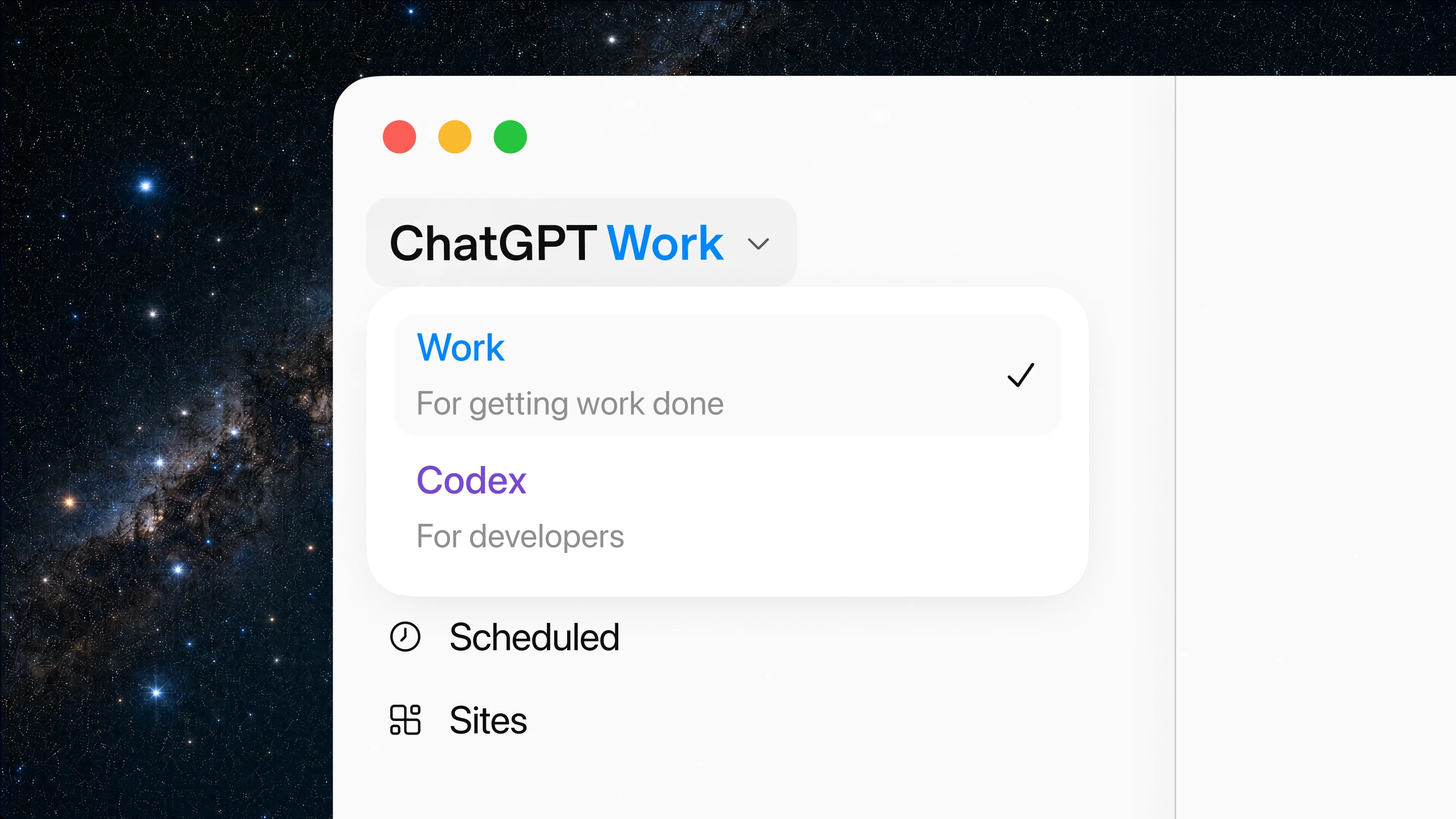OpenAI 官方展示的 ChatGPT Work 桌面端模式选择