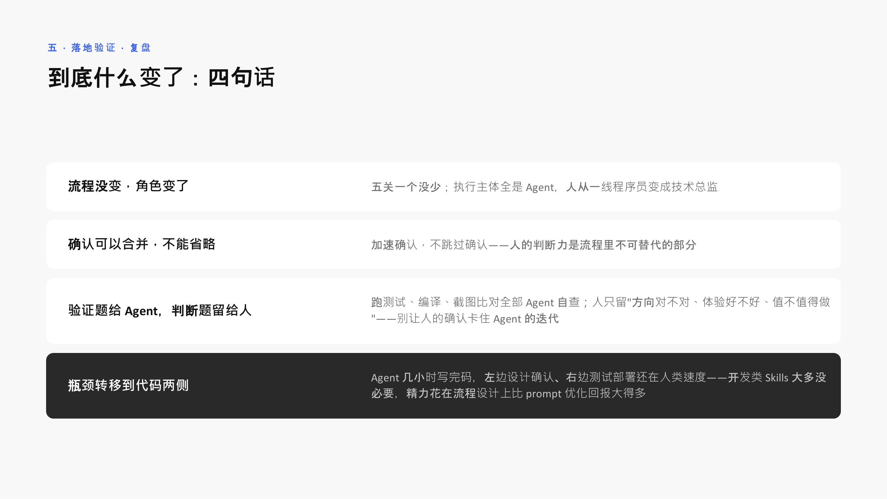 复盘四句话：角色变了、确认合并不省略、验证题给 Agent、瓶颈在两侧
